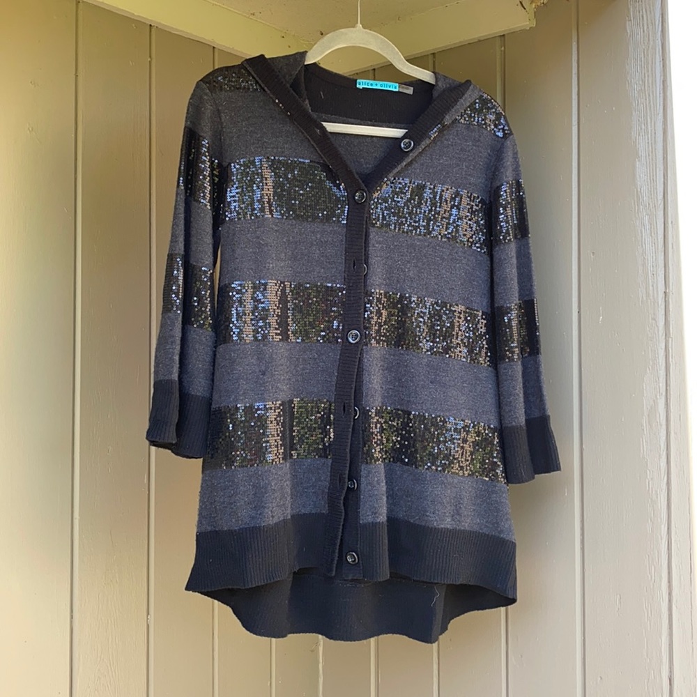 alice + olivia Sequin Hooded Sweater grey/black Sm
